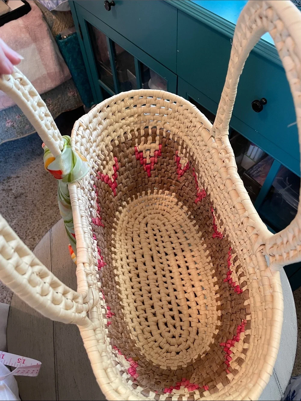 Woven Straw Tote Bag with Pink Accent and scarf